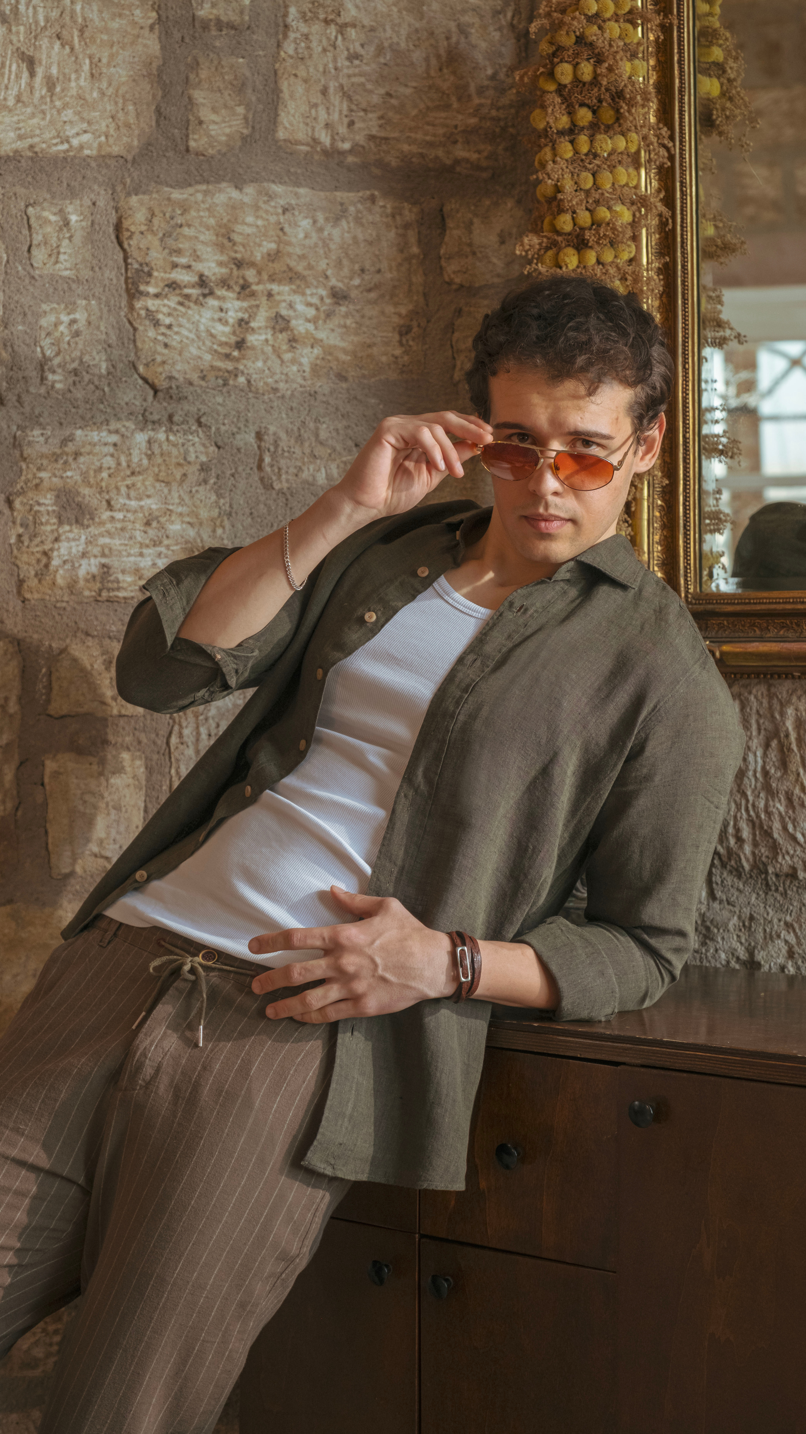Men's Khaki Green Linen Shirt