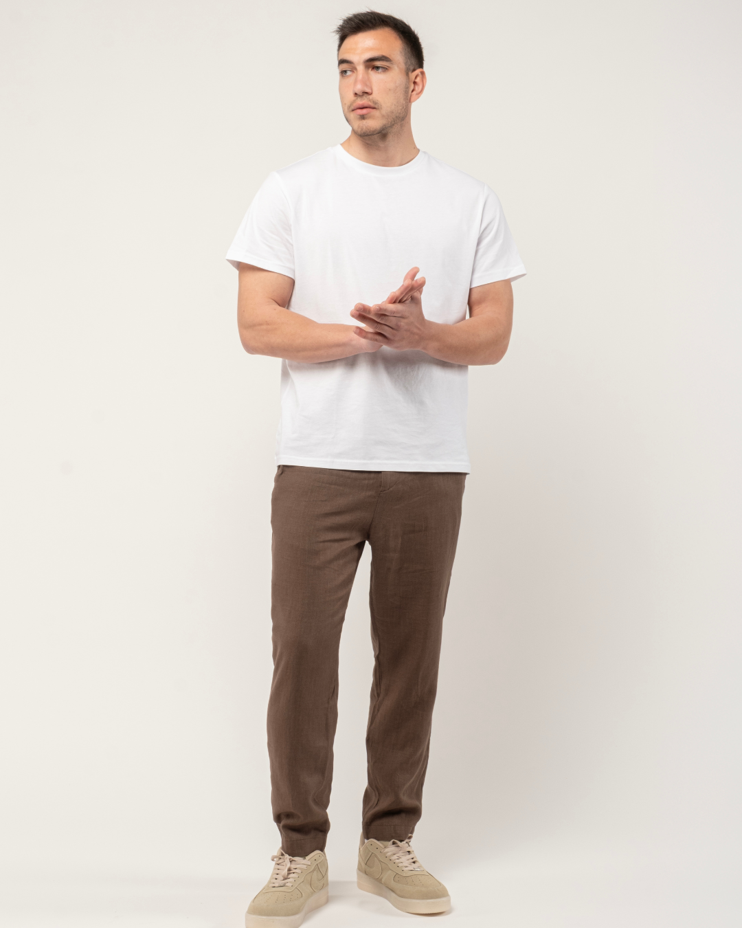 Mocha Mousse Brown Relaxed Fit Linen Pants Belt Detail