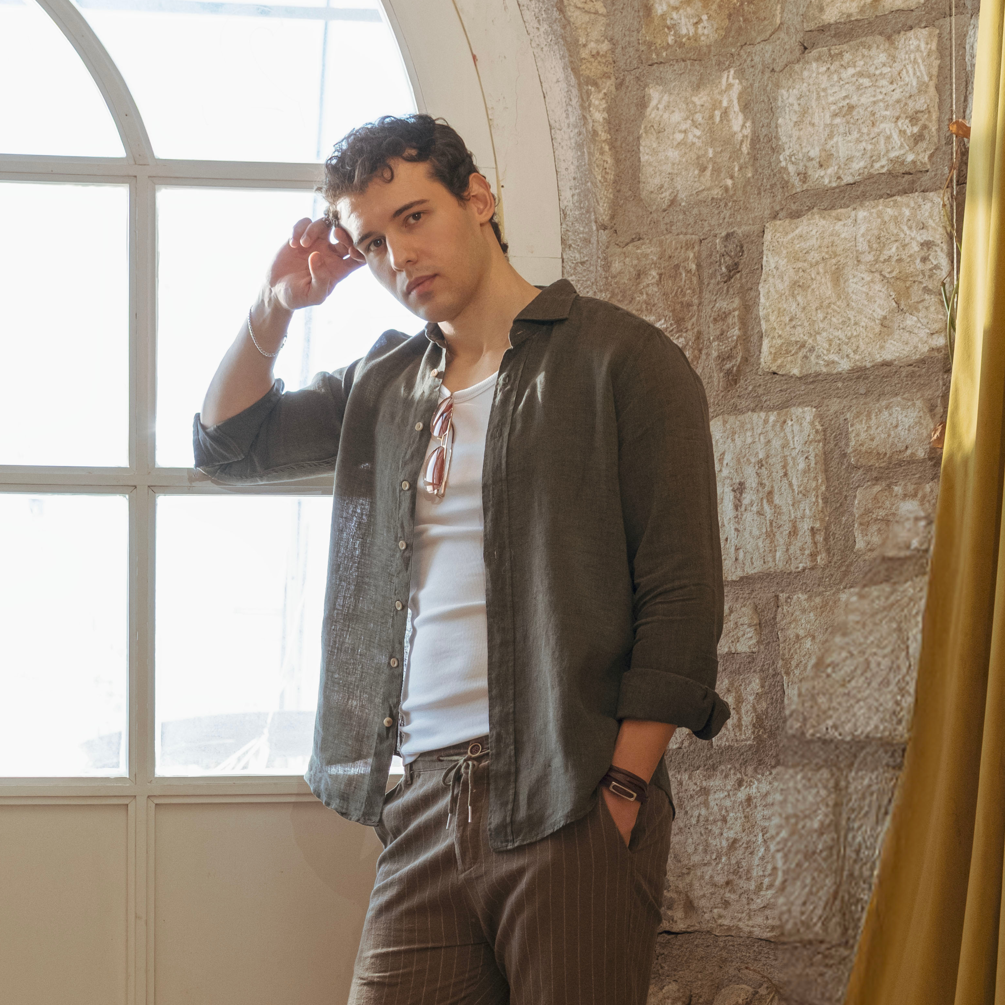 Men's Khaki Green Linen Shirt