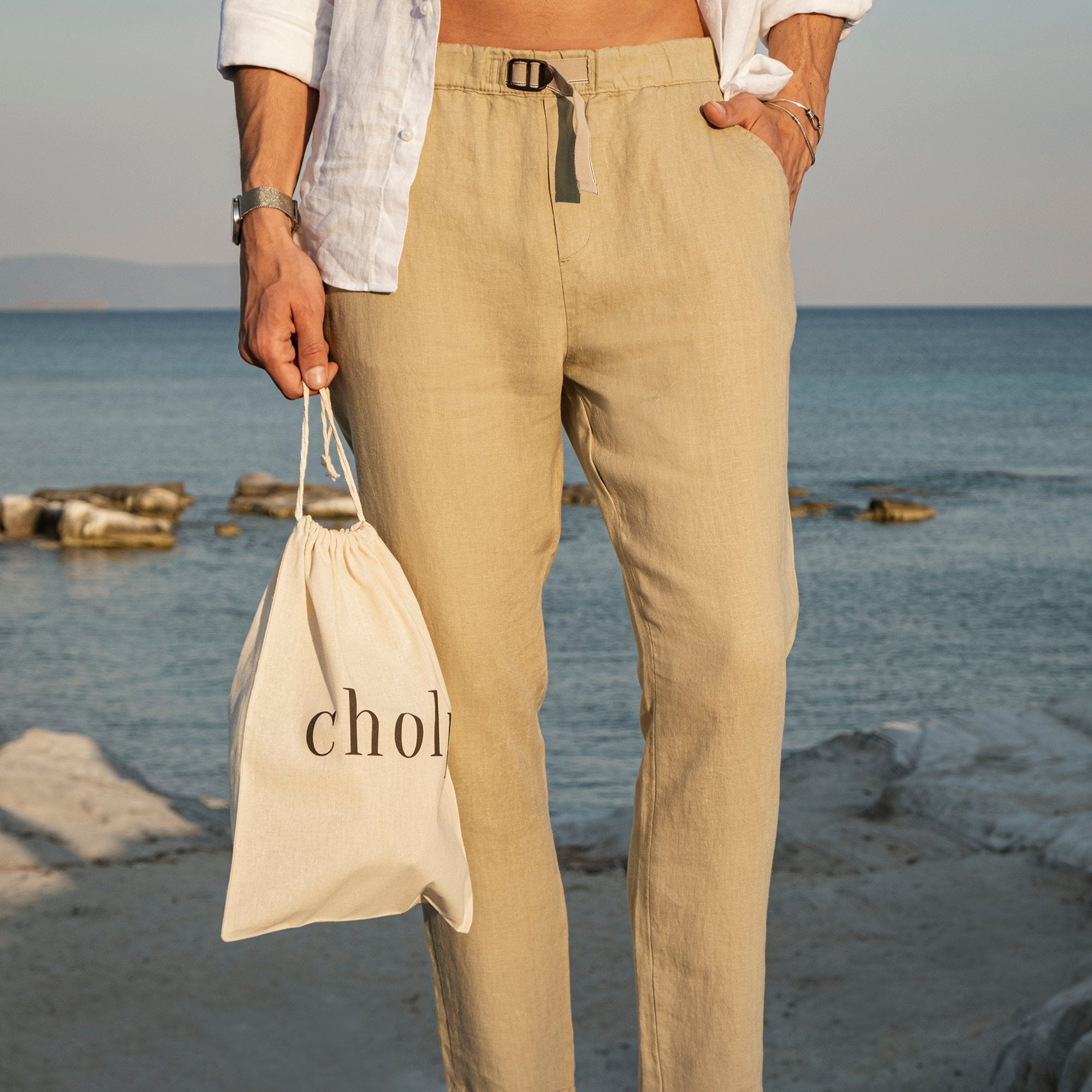 Beige Tan Mens 100 Linen Tapered Khaki Tapered Pants