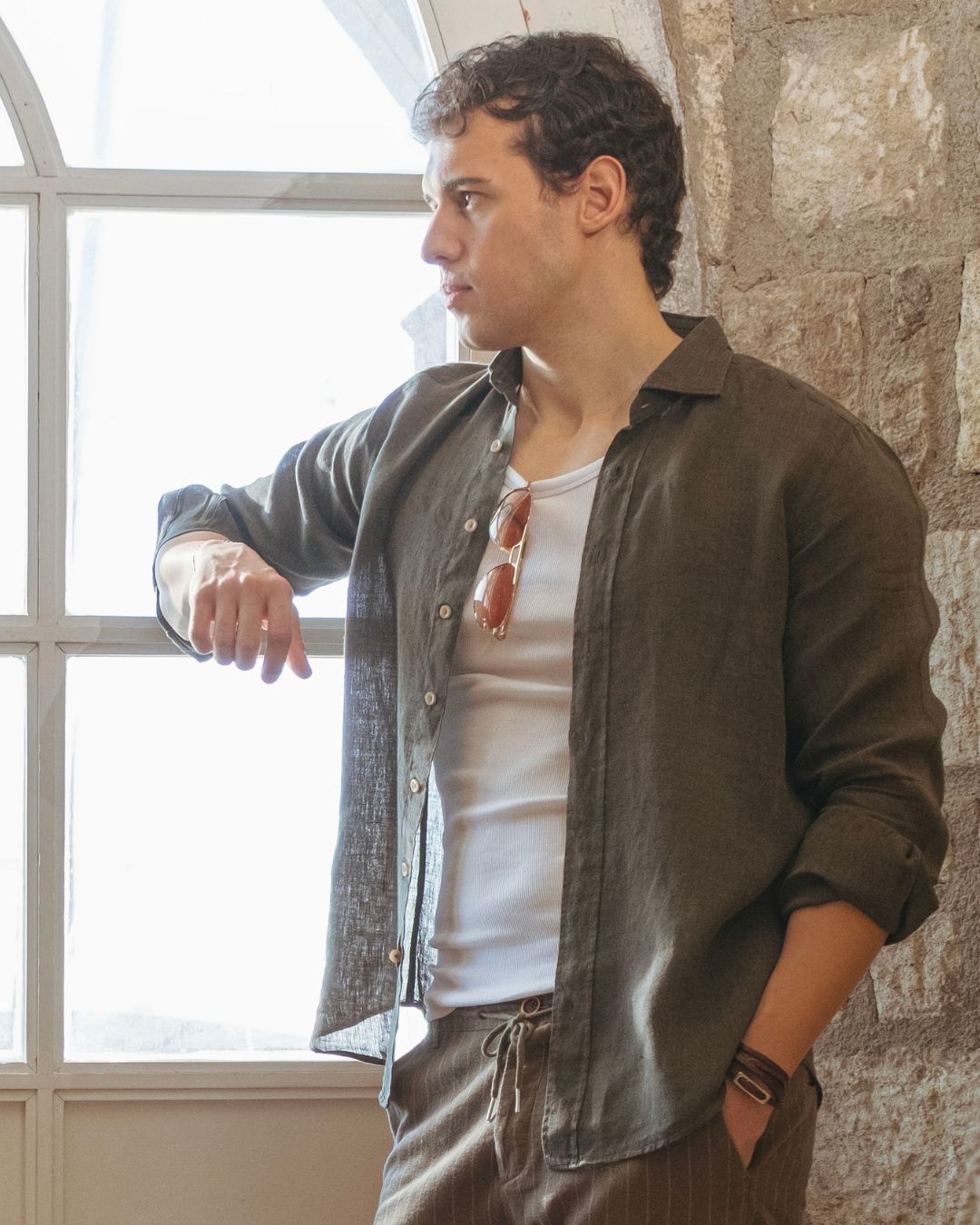 Men's Khaki Green Linen Shirt