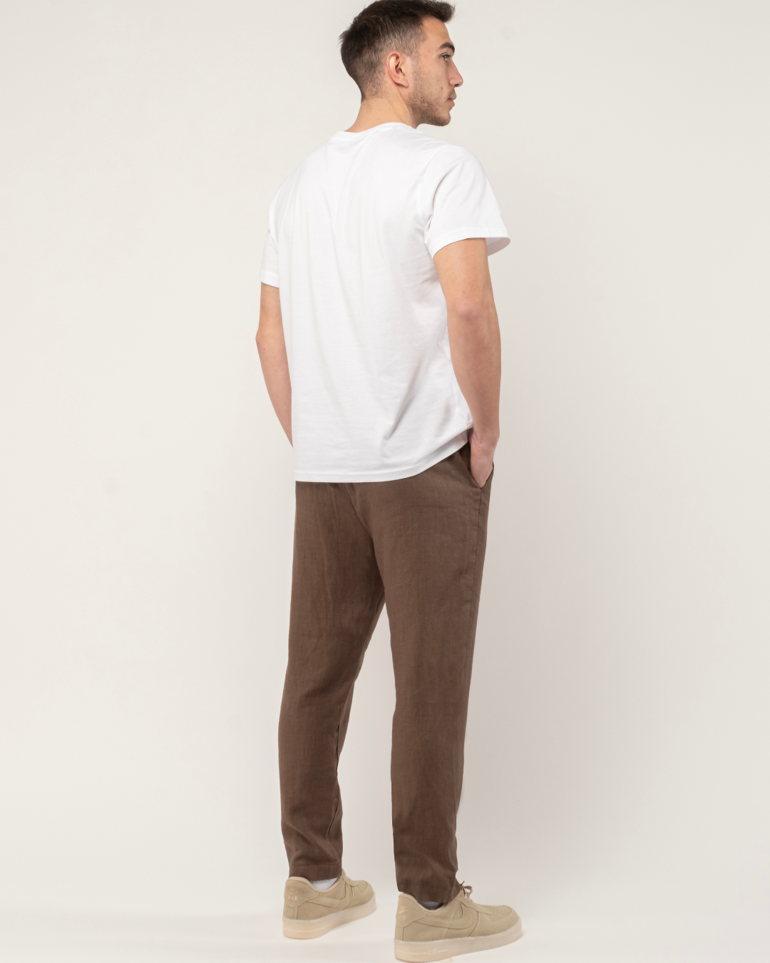 Mocha Mousse Brown Relaxed Fit Linen Pants Belt Detail