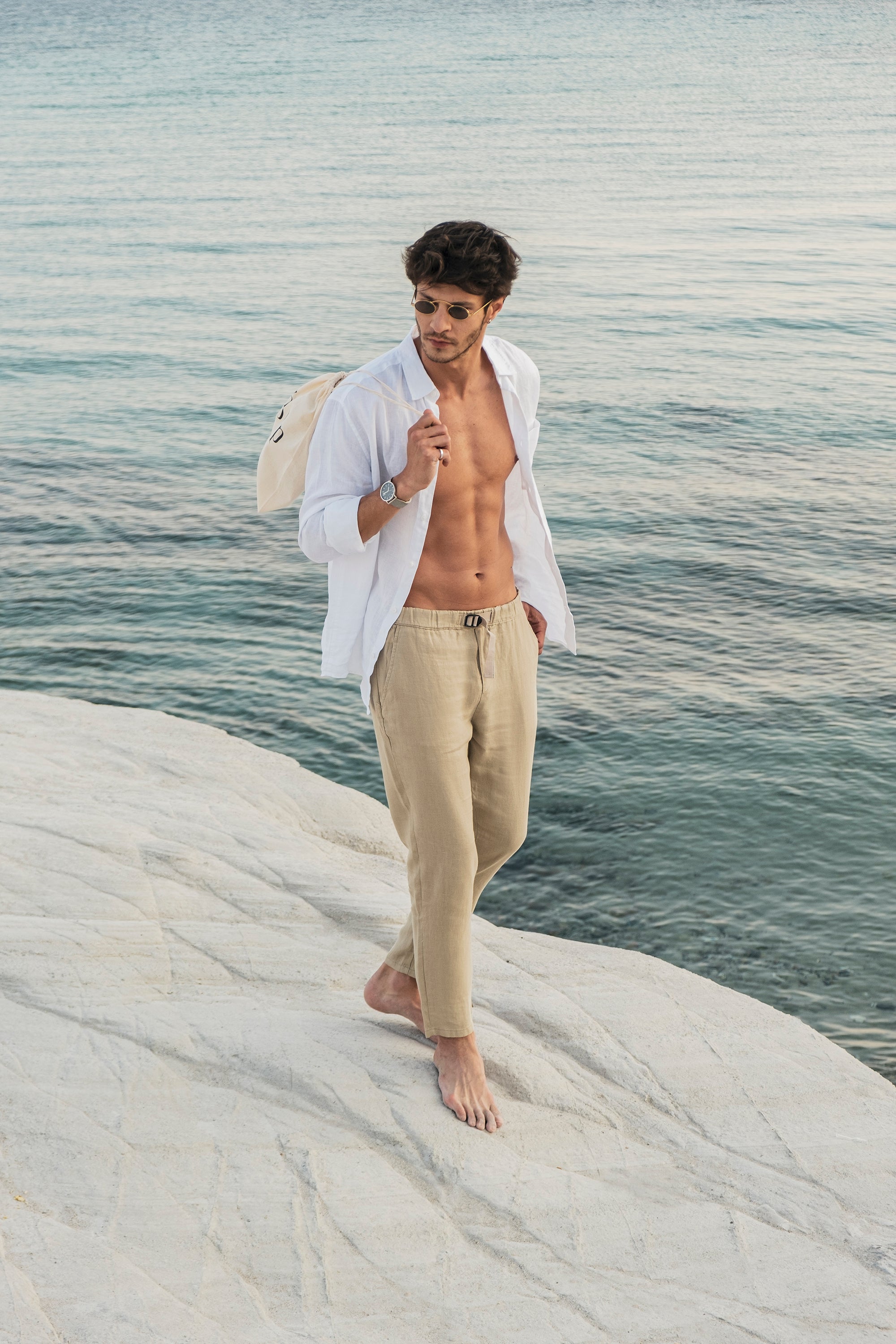 Beige Tan Mens 100 Linen Tapered Khaki Tapered Pants